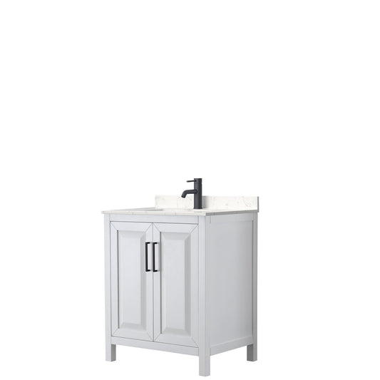 Wyndham Collection Daria 30" Single Bathroom Vanity in White, Carrara Cultured Marble Countertop, Undermount Square Sink, Matte Black Trim