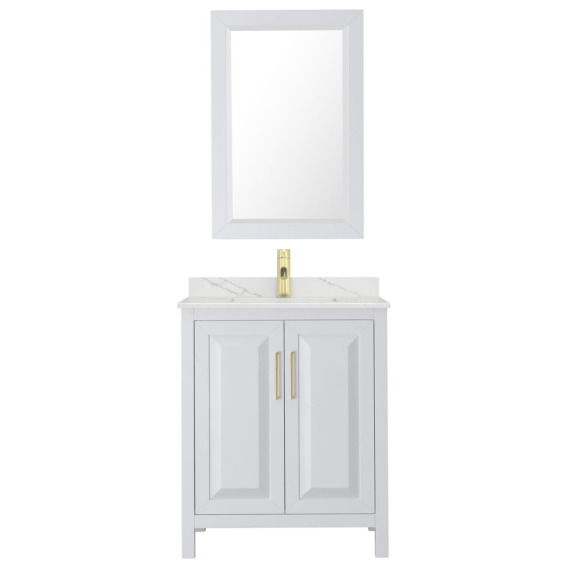 Wyndham Collection Daria 30" Single Bathroom Vanity in White, Giotto Quartz Countertop, Undermount Square Sink (1-Hole), Brushed Gold Trim, 24" Mirror