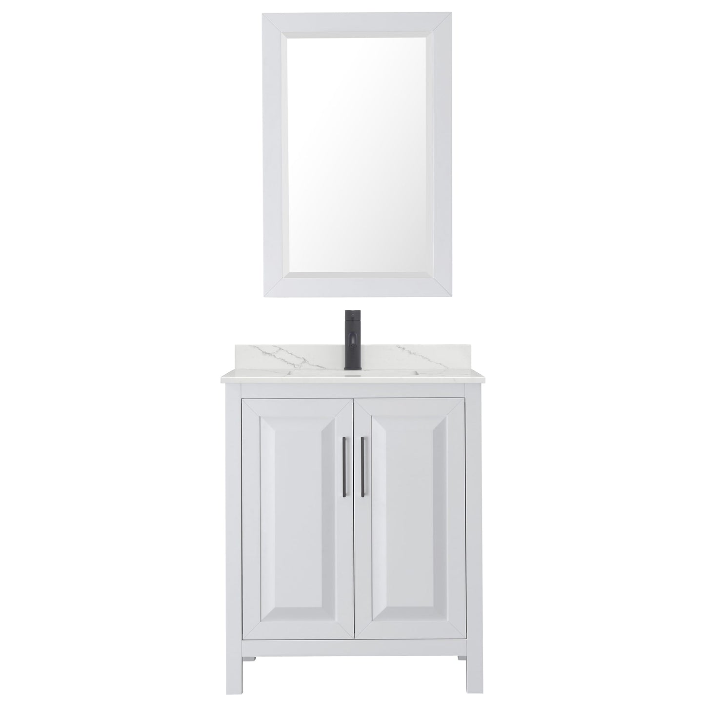 Wyndham Collection Daria 30" Single Bathroom Vanity in White, Giotto Quartz Countertop, Undermount Square Sink (1-Hole), Matte Black Trim, 24" Mirror