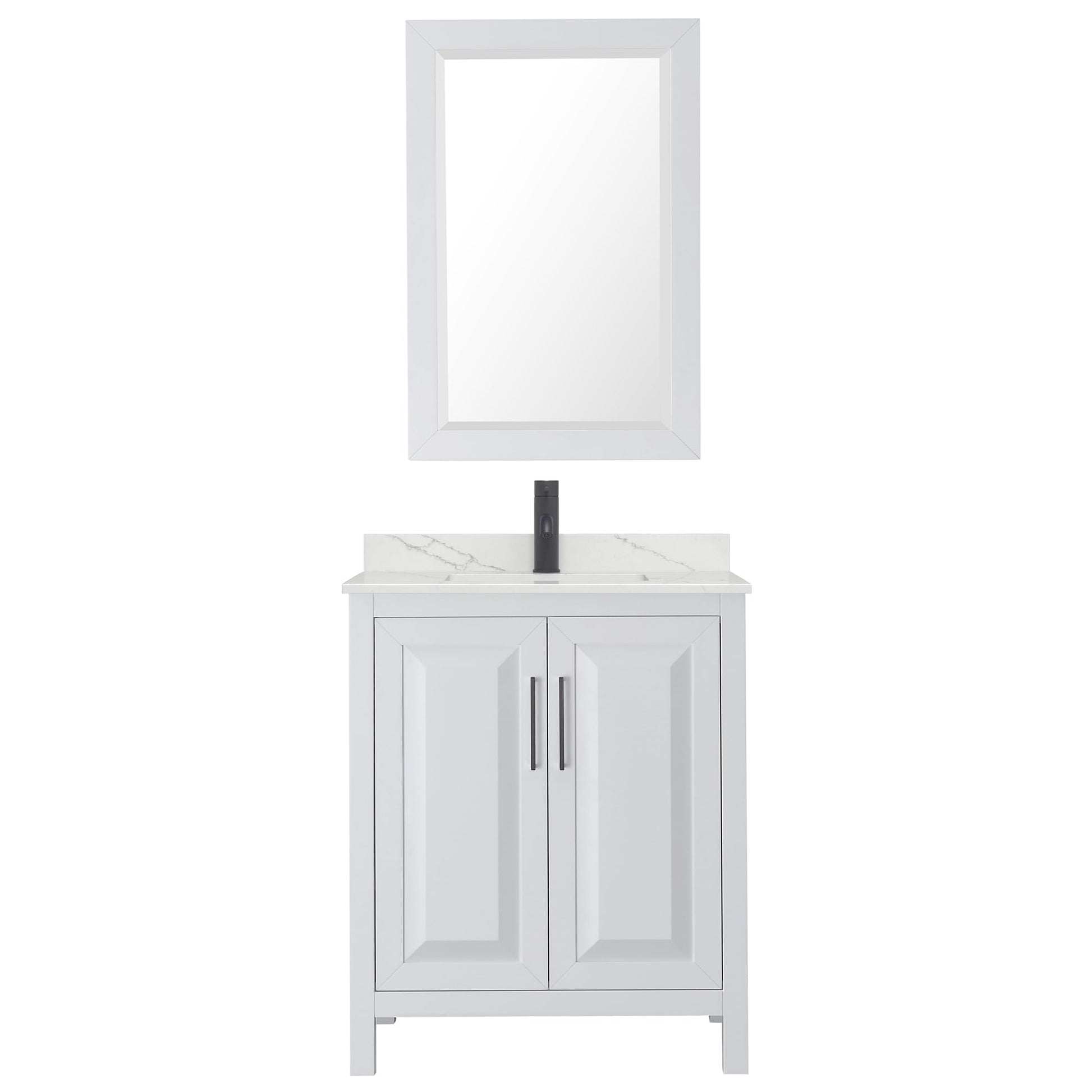 Wyndham Collection Daria 30" Single Bathroom Vanity in White, Giotto Quartz Countertop, Undermount Square Sink (1-Hole), Matte Black Trim, 24" Mirror