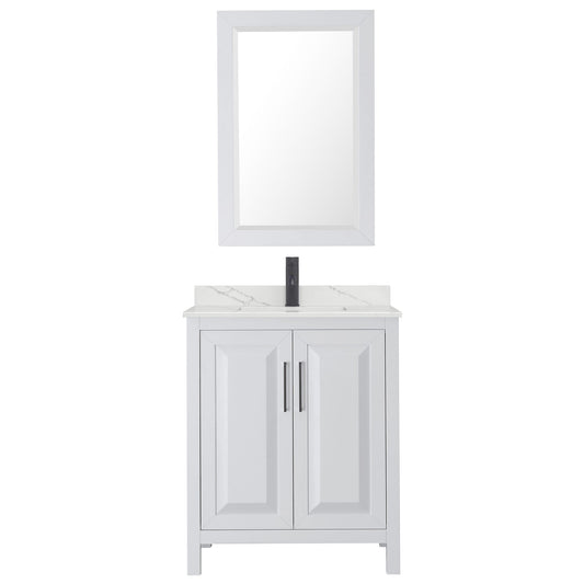 Wyndham Collection Daria 30" Single Bathroom Vanity in White, Giotto Quartz Countertop, Undermount Square Sink (1-Hole), Matte Black Trim, 24" Mirror
