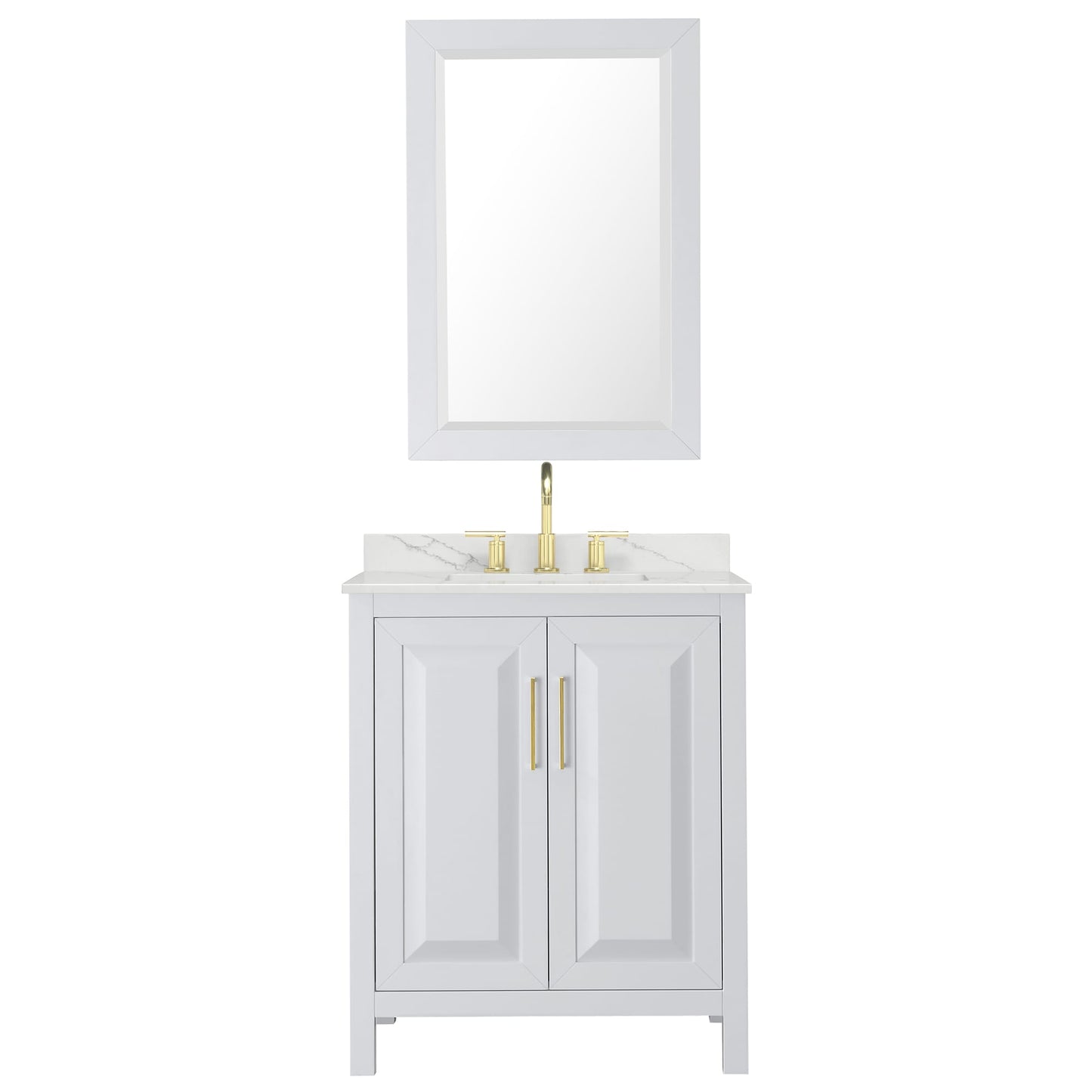 Wyndham Collection Daria 30" Single Bathroom Vanity in White, Giotto Quartz Countertop, Undermount Square Sink (3-Hole), Brushed Gold Trim, 24" Mirror