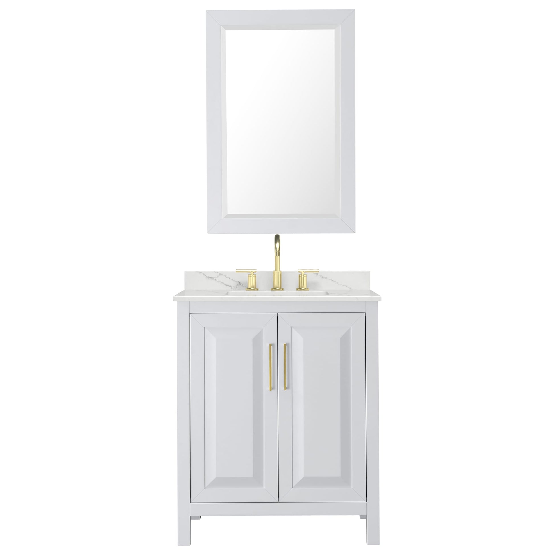 Wyndham Collection Daria 30" Single Bathroom Vanity in White, Giotto Quartz Countertop, Undermount Square Sink (3-Hole), Brushed Gold Trim, 24" Mirror