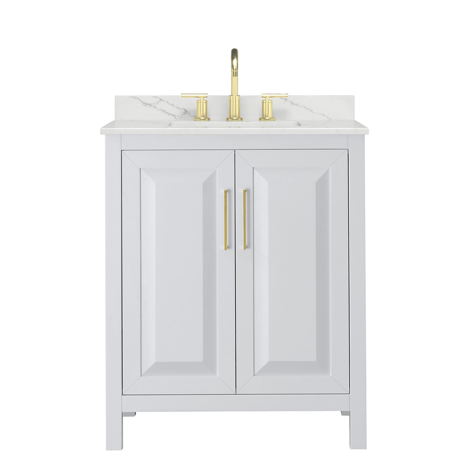 Wyndham Collection Daria 30" Single Bathroom Vanity in White, Giotto Quartz Countertop, Undermount Square Sink (3-Hole), Brushed Gold Trim