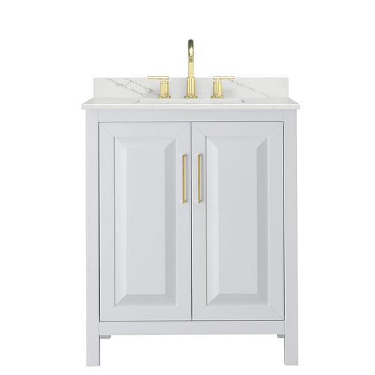 Wyndham Collection Daria 30" Single Bathroom Vanity in White, Giotto Quartz Countertop, Undermount Square Sink (3-Hole), Brushed Gold Trim