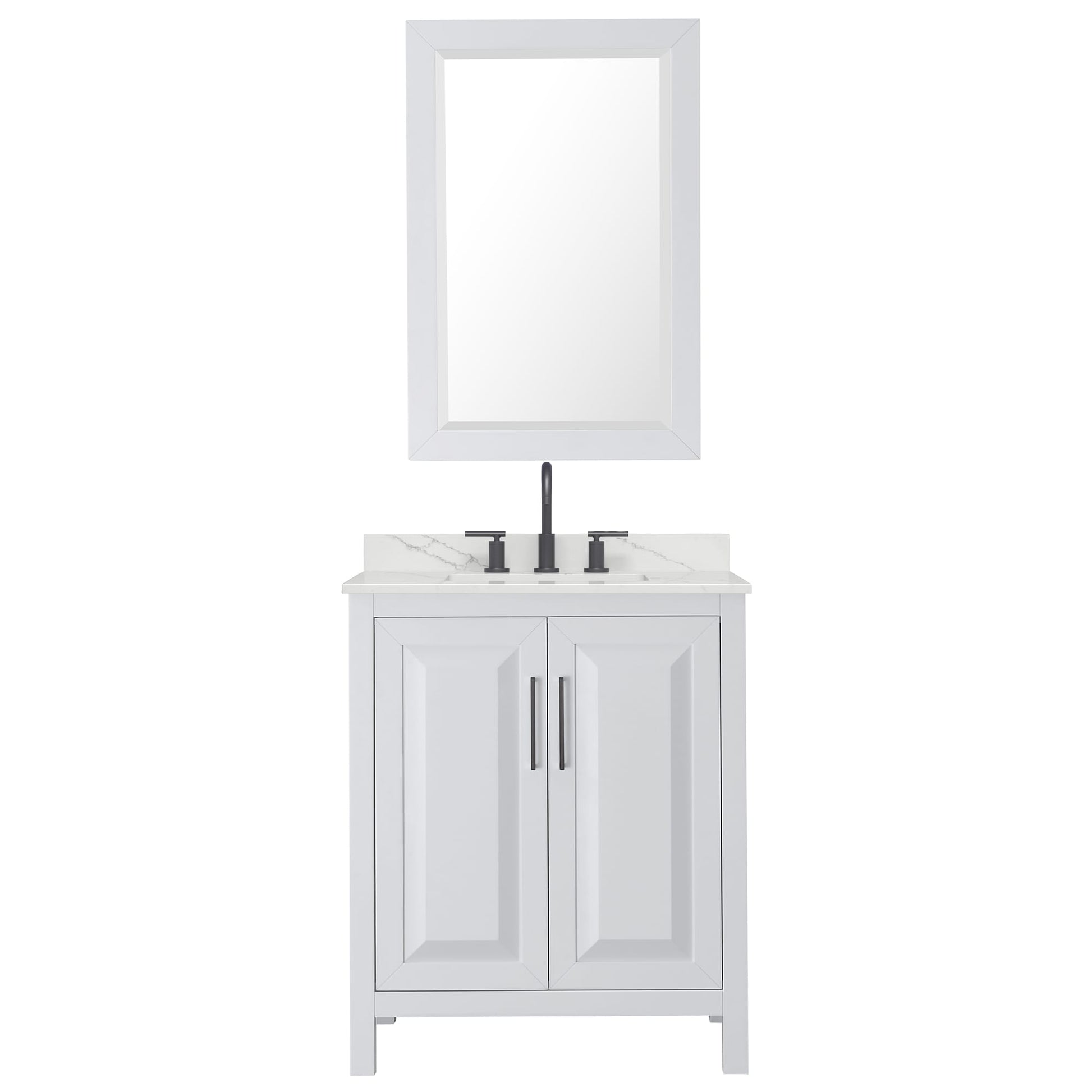 Wyndham Collection Daria 30" Single Bathroom Vanity in White, Giotto Quartz Countertop, Undermount Square Sink (3-Hole), Matte Black Trim, 24" Mirror