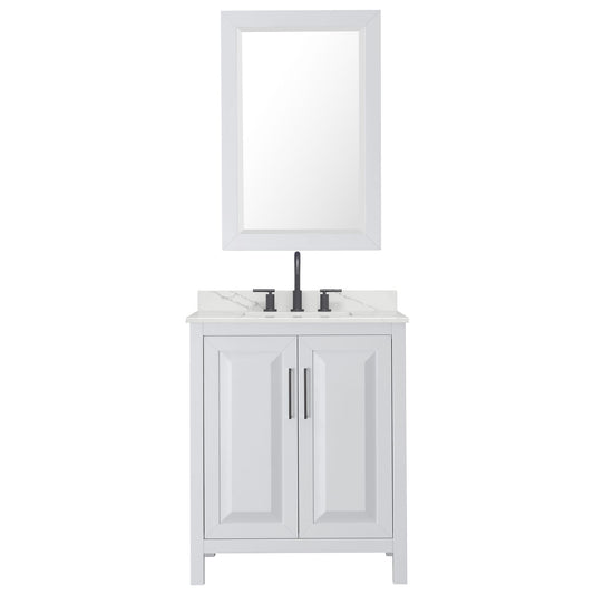Wyndham Collection Daria 30" Single Bathroom Vanity in White, Giotto Quartz Countertop, Undermount Square Sink (3-Hole), Matte Black Trim, 24" Mirror