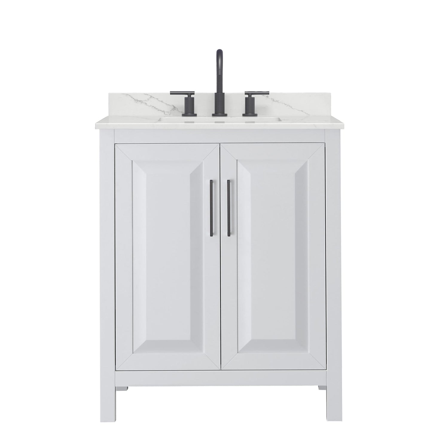 Wyndham Collection Daria 30" Single Bathroom Vanity in White, Giotto Quartz Countertop, Undermount Square Sink (3-Hole), Matte Black Trim