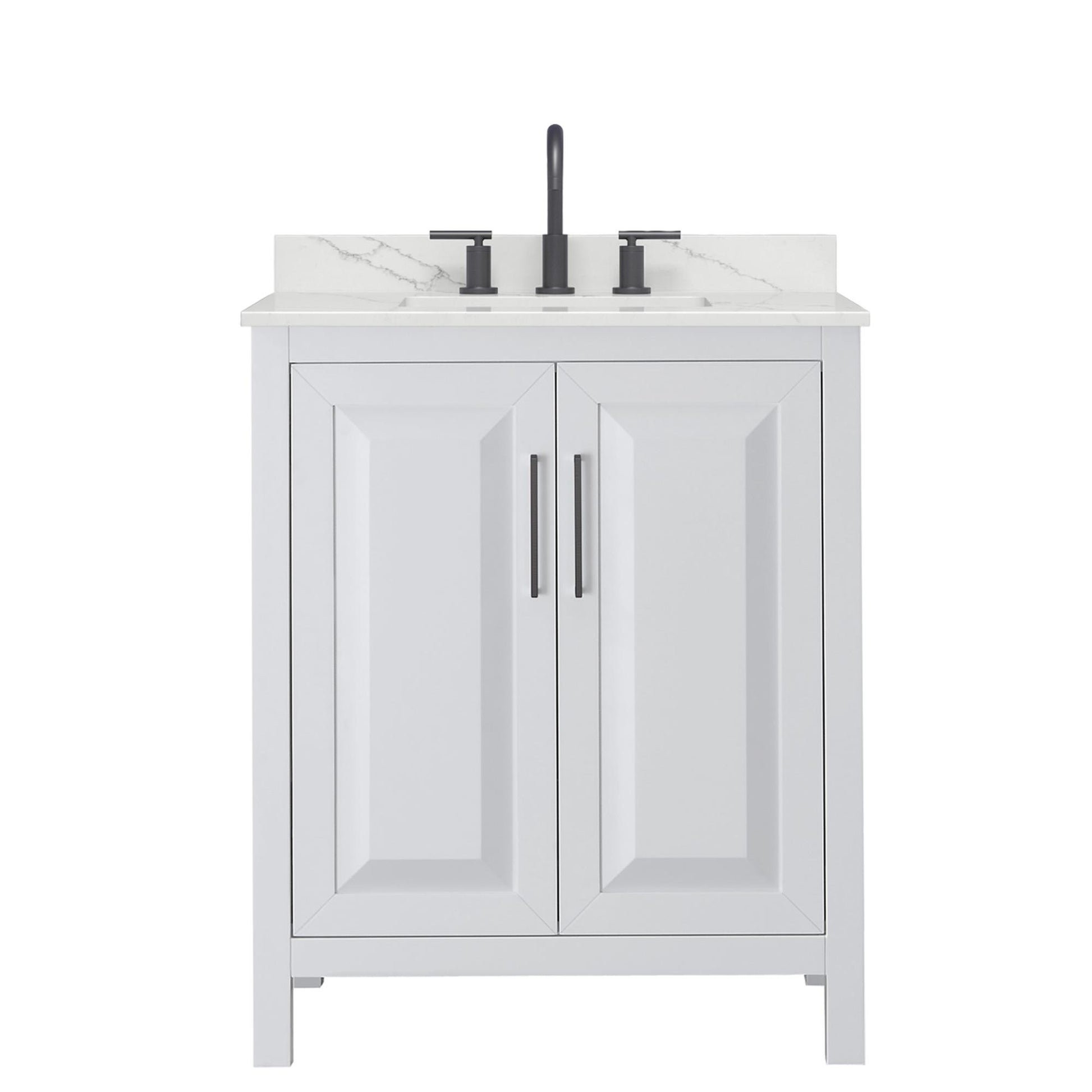 Wyndham Collection Daria 30" Single Bathroom Vanity in White, Giotto Quartz Countertop, Undermount Square Sink (3-Hole), Matte Black Trim