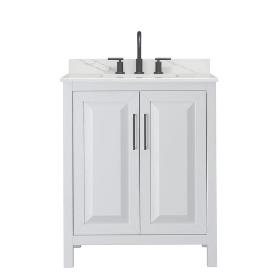 Wyndham Collection Daria 30" Single Bathroom Vanity in White, Giotto Quartz Countertop, Undermount Square Sink (3-Hole), Matte Black Trim