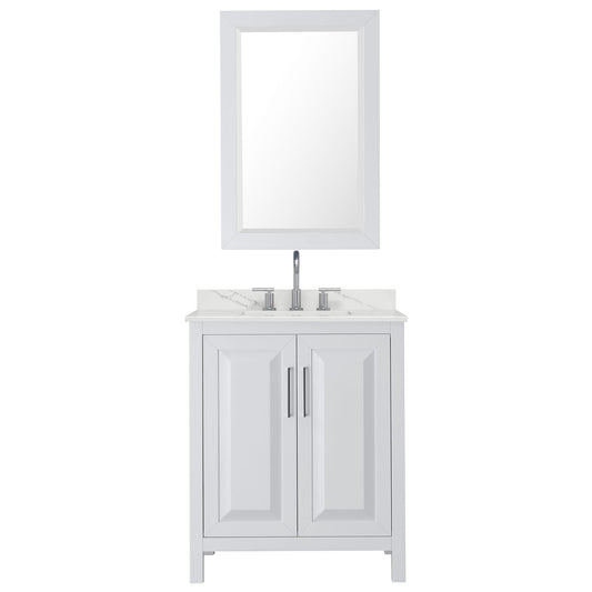 Wyndham Collection Daria 30" Single Bathroom Vanity in White, Giotto Quartz Countertop, Undermount Square Sink (3-Hole), Polished Chrome Trim, 24" Mirror
