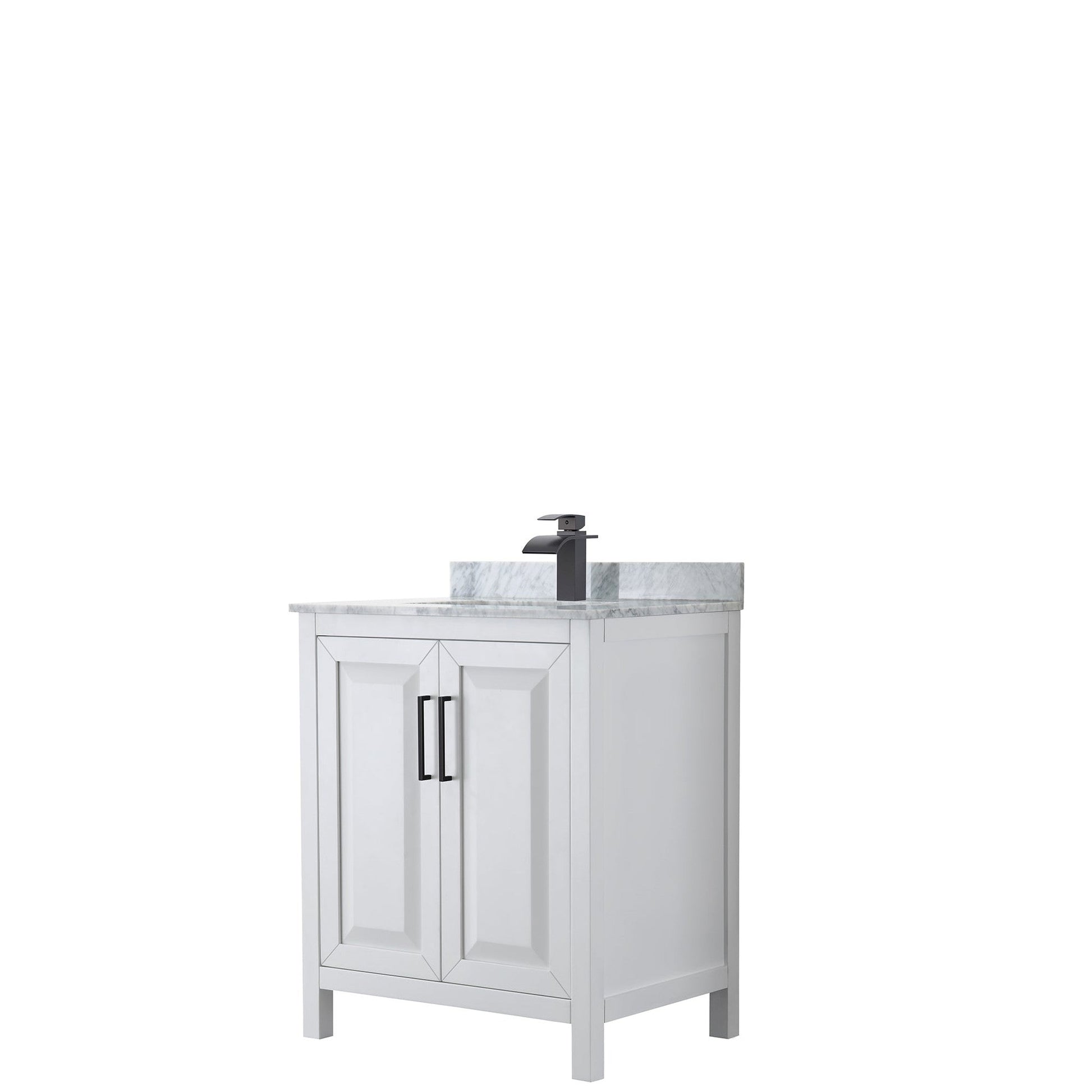 Wyndham Collection Daria 30" Single Bathroom Vanity in White, White Carrara Marble Countertop, Undermount Square Sink, Matte Black Trim