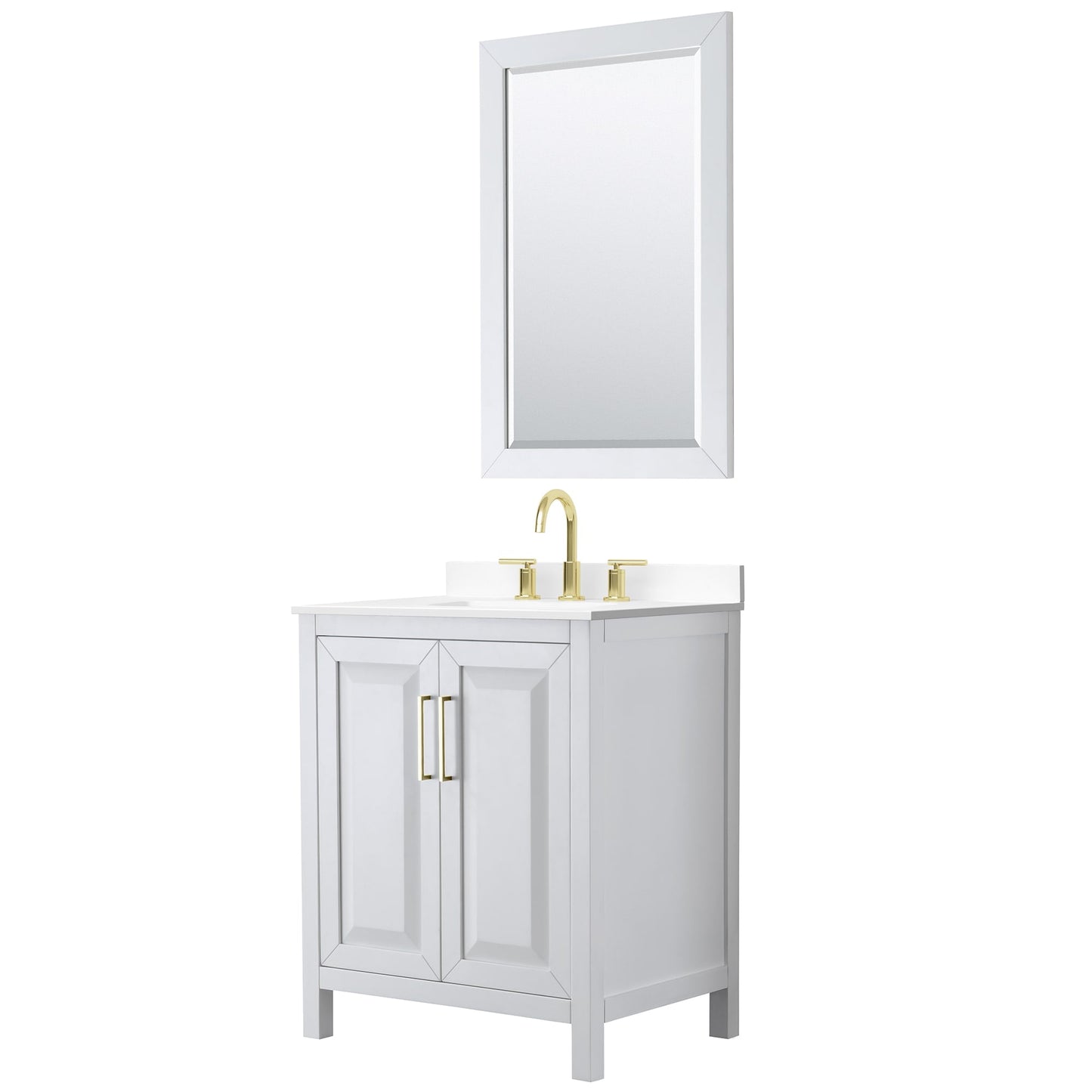 Wyndham Collection Daria 30" Single Bathroom Vanity in White, White Cultured Marble Countertop, Undermount Square Sink (3-Hole), 24" Mirror, Brushed Gold Trim