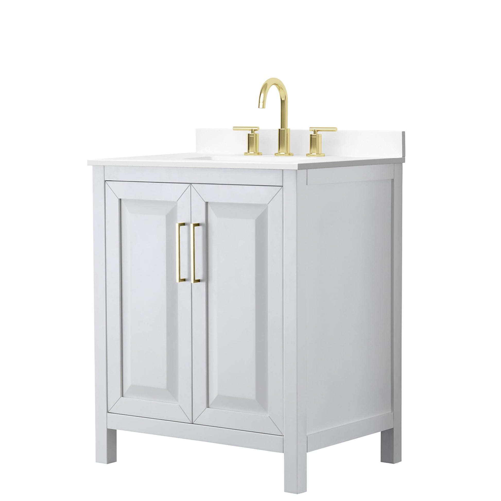 Wyndham Collection Daria 30" Single Bathroom Vanity in White, White Cultured Marble Countertop, Undermount Square Sink (3-Hole), Brushed Gold Trim