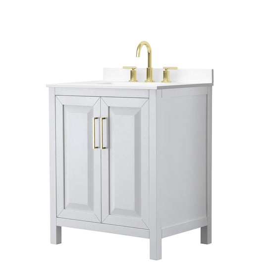 Wyndham Collection Daria 30" Single Bathroom Vanity in White, White Cultured Marble Countertop, Undermount Square Sink (3-Hole), Brushed Gold Trim