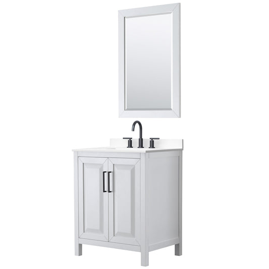 Wyndham Collection Daria 30" Single Bathroom Vanity in White, White Cultured Marble Countertop, Undermount Square Sink (3-Hole), Matte Black Trim, 24" Mirror