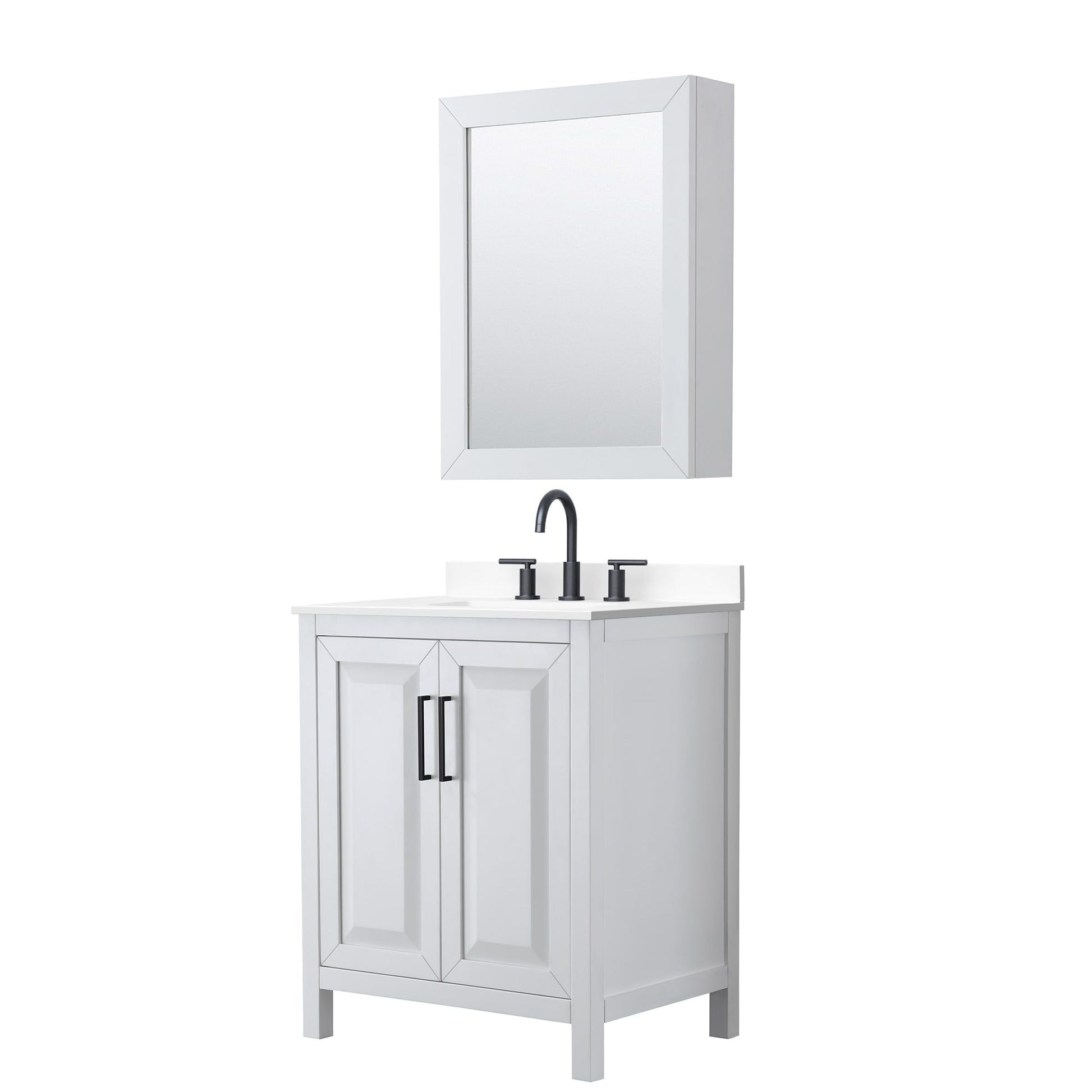 Wyndham Collection Daria 30" Single Bathroom Vanity in White, White Cultured Marble Countertop, Undermount Square Sink (3-Hole), Matte Black Trim, Medicine Cabinet