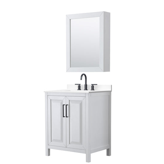 Wyndham Collection Daria 30" Single Bathroom Vanity in White, White Cultured Marble Countertop, Undermount Square Sink (3-Hole), Matte Black Trim, Medicine Cabinet