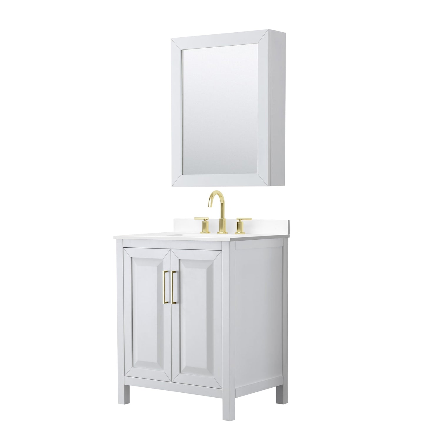 Wyndham Collection Daria 30" Single Bathroom Vanity in White, White Cultured Marble Countertop, Undermount Square Sink (3-Hole), Medicine Cabinet, Brushed Gold Trim