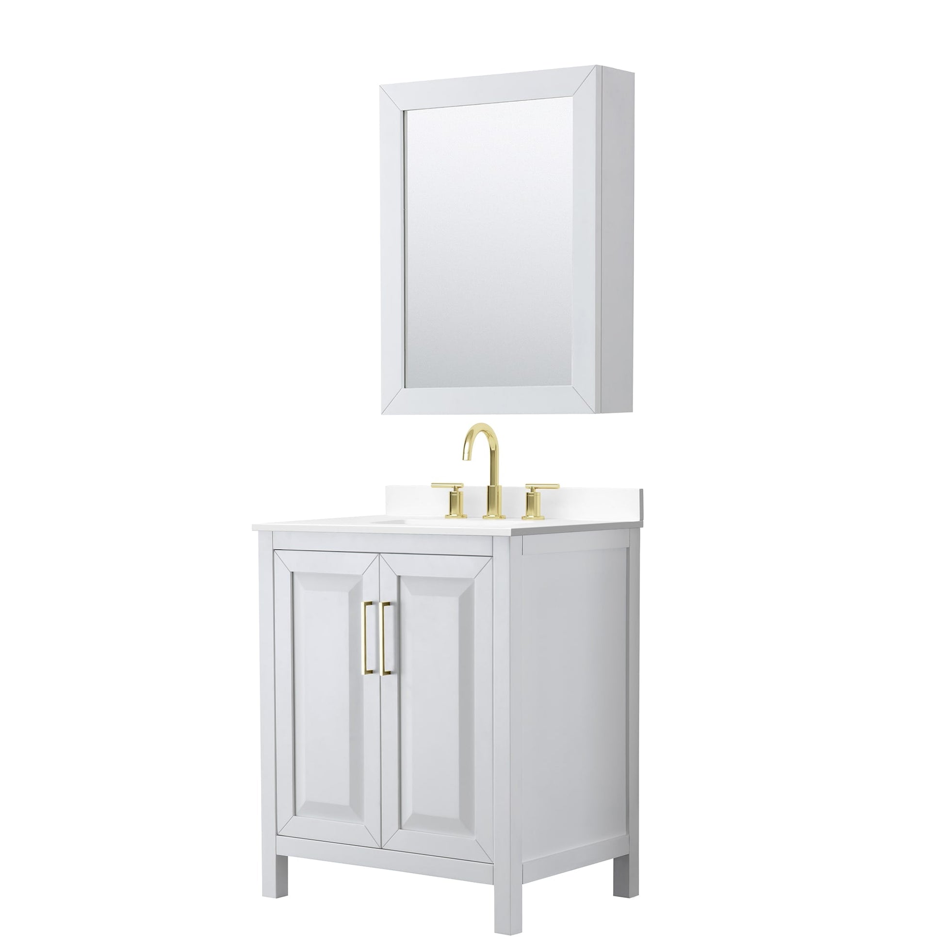 Wyndham Collection Daria 30" Single Bathroom Vanity in White, White Cultured Marble Countertop, Undermount Square Sink (3-Hole), Medicine Cabinet, Brushed Gold Trim