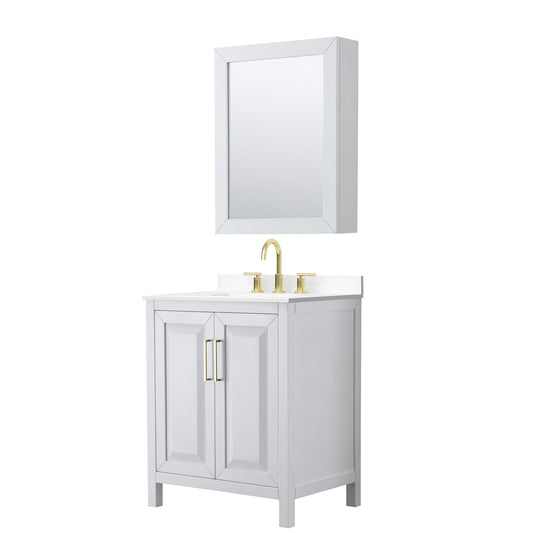 Wyndham Collection Daria 30" Single Bathroom Vanity in White, White Cultured Marble Countertop, Undermount Square Sink (3-Hole), Medicine Cabinet, Brushed Gold Trim