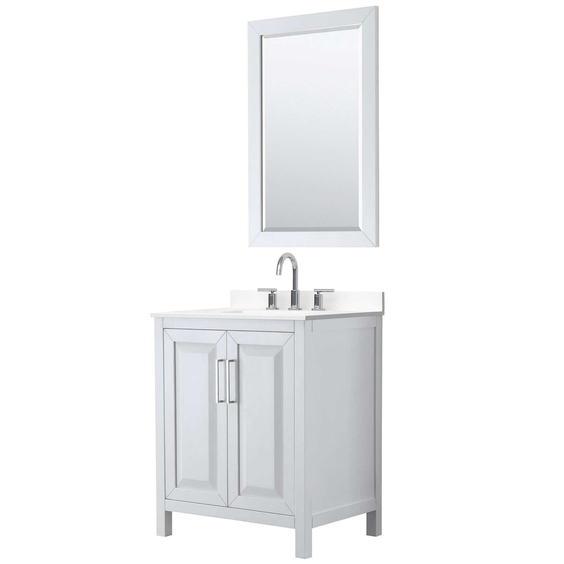 Wyndham Collection Daria 30" Single Bathroom Vanity in White, White Cultured Marble Countertop, Undermount Square Sink (3-Hole), Polished Chrome Trim, 24" Mirror