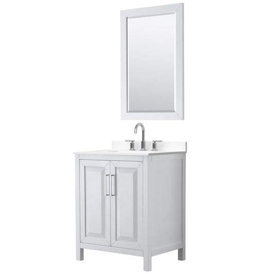 Wyndham Collection Daria 30" Single Bathroom Vanity in White, White Cultured Marble Countertop, Undermount Square Sink (3-Hole), Polished Chrome Trim, 24" Mirror