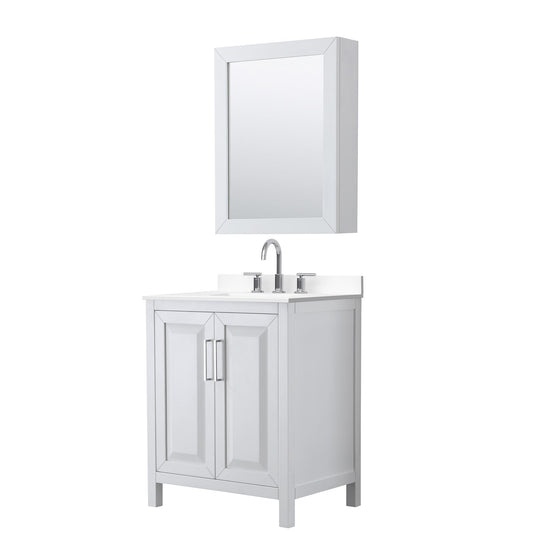 Wyndham Collection Daria 30" Single Bathroom Vanity in White, White Cultured Marble Countertop, Undermount Square Sink (3-Hole), Polished Chrome Trim, Medicine Cabinet