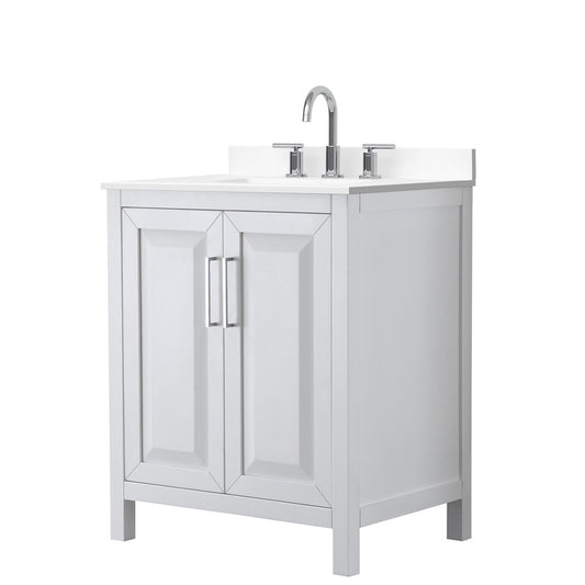 Wyndham Collection Daria 30" Single Bathroom Vanity in White, White Cultured Marble Countertop, Undermount Square Sink (3-Hole), Polished Chrome Trim
