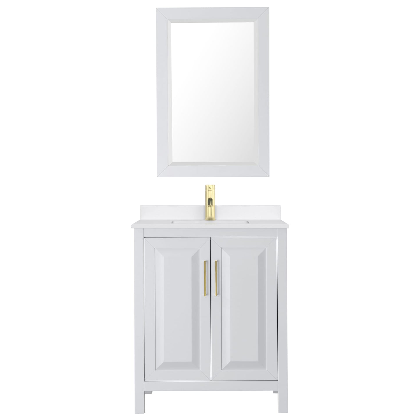 Wyndham Collection Daria 30" Single Bathroom Vanity in White, White Quartz Countertop, Undermount Square Sink (1-Hole), Brushed Gold Trim, 24" Mirror