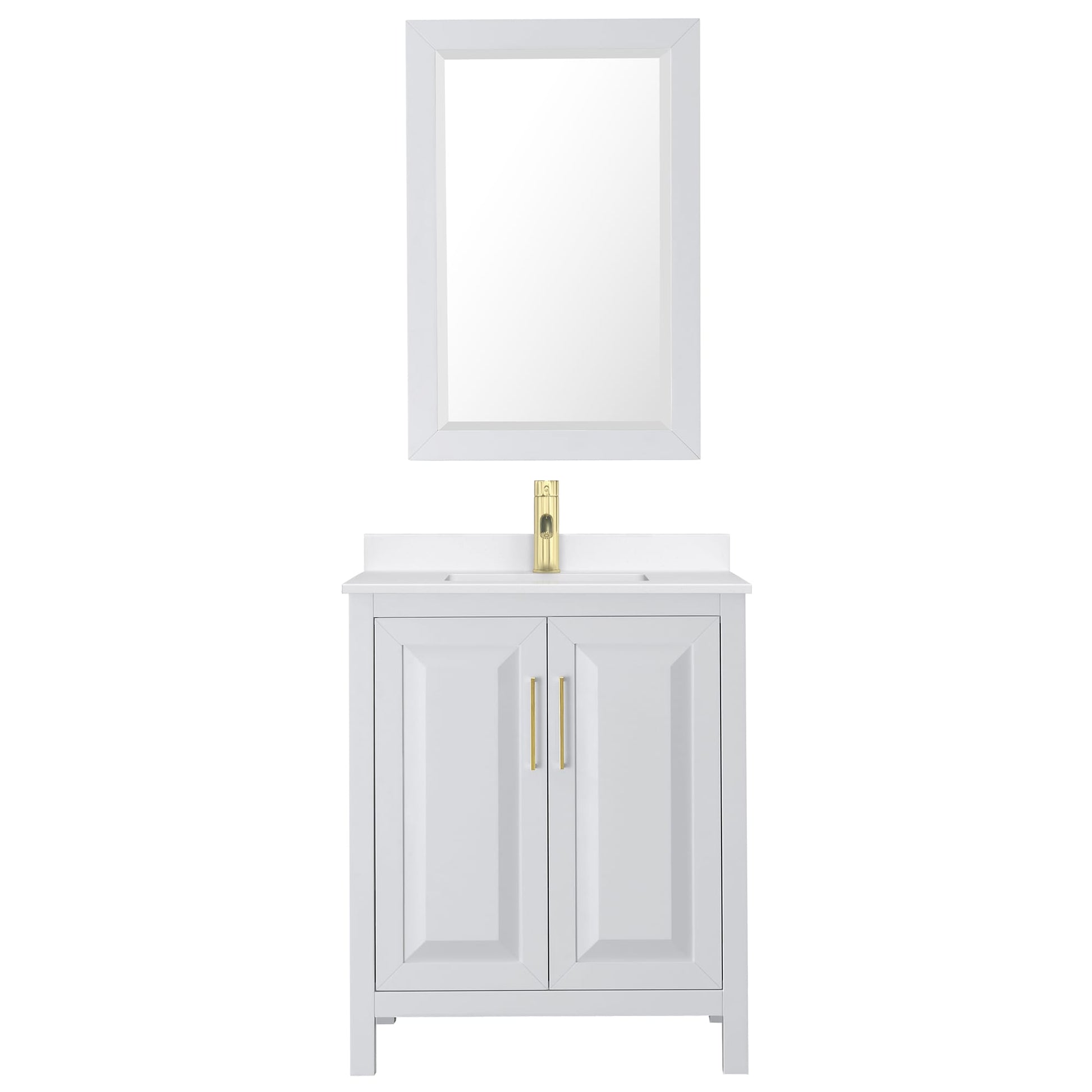 Wyndham Collection Daria 30" Single Bathroom Vanity in White, White Quartz Countertop, Undermount Square Sink (1-Hole), Brushed Gold Trim, 24" Mirror