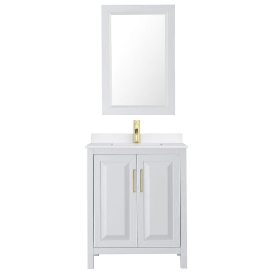 Wyndham Collection Daria 30" Single Bathroom Vanity in White, White Quartz Countertop, Undermount Square Sink (1-Hole), Brushed Gold Trim, 24" Mirror
