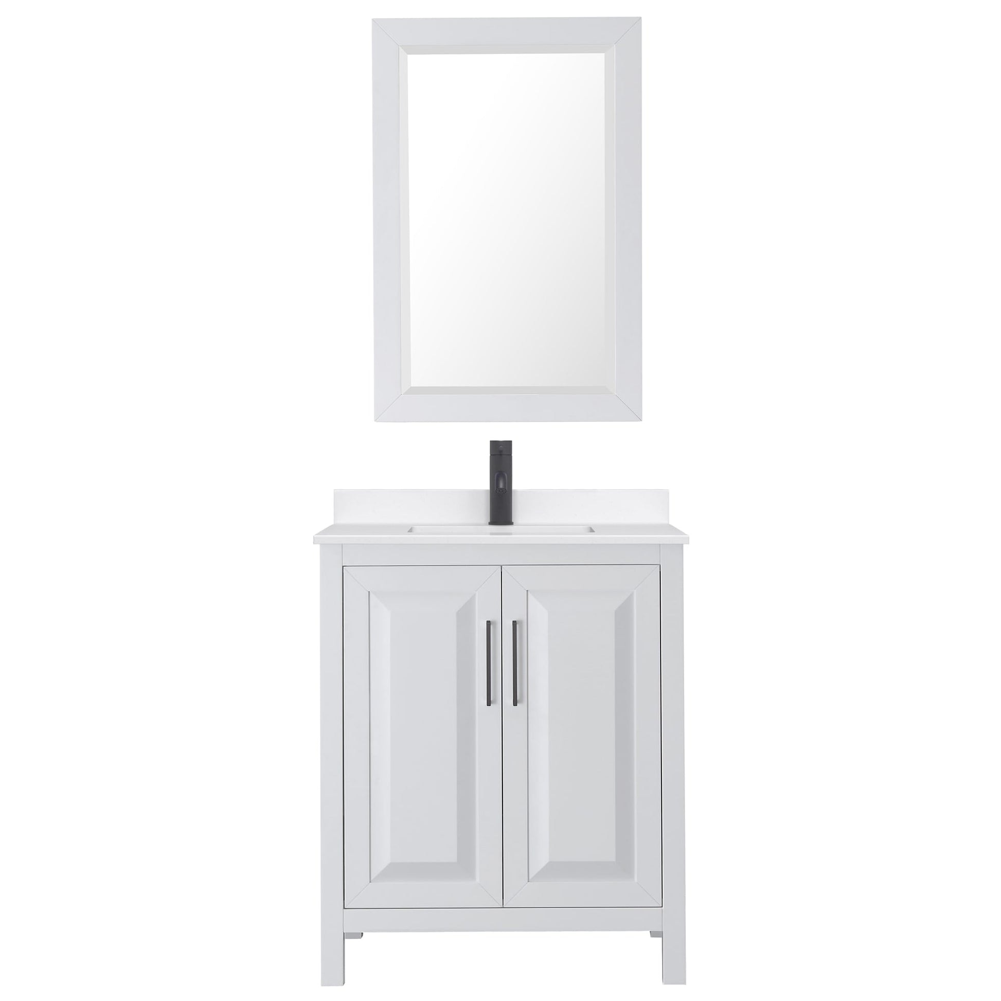 Wyndham Collection Daria 30" Single Bathroom Vanity in White, White Quartz Countertop, Undermount Square Sink (1-Hole), Matte Black Trim, 24" Mirror
