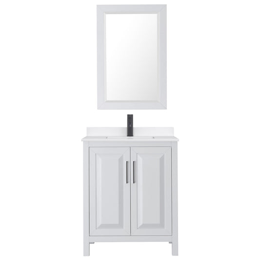 Wyndham Collection Daria 30" Single Bathroom Vanity in White, White Quartz Countertop, Undermount Square Sink (1-Hole), Matte Black Trim, 24" Mirror