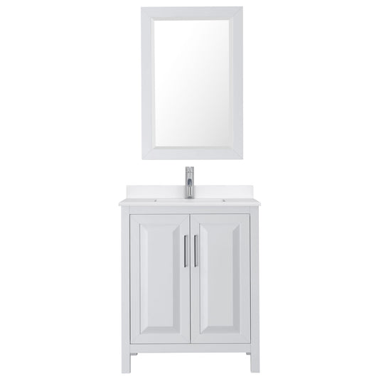 Wyndham Collection Daria 30" Single Bathroom Vanity in White, White Quartz Countertop, Undermount Square Sink (1-Hole), Polished Chrome Trim, 24" Mirror