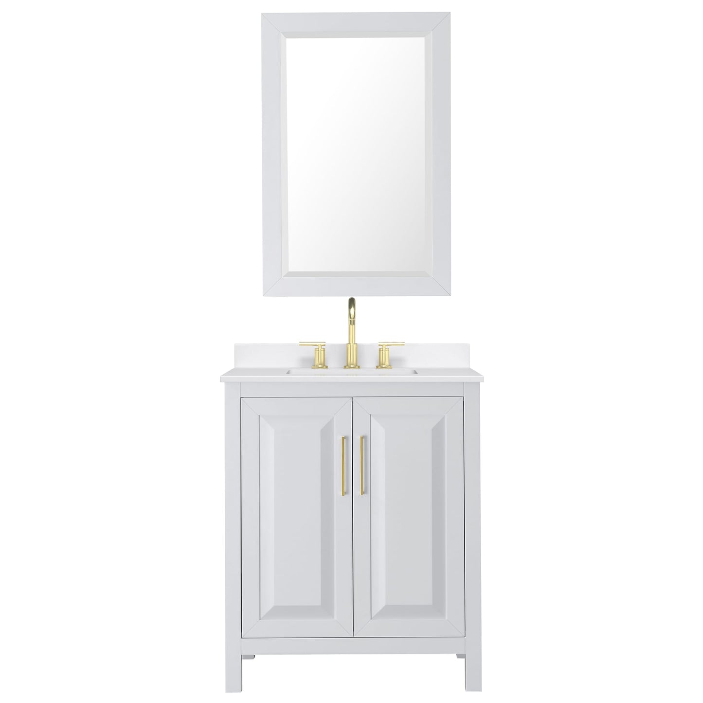 Wyndham Collection Daria 30" Single Bathroom Vanity in White, White Quartz Countertop, Undermount Square Sink (3-Hole), Brushed Gold Trim, 24" Mirror