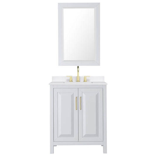 Wyndham Collection Daria 30" Single Bathroom Vanity in White, White Quartz Countertop, Undermount Square Sink (3-Hole), Brushed Gold Trim, 24" Mirror