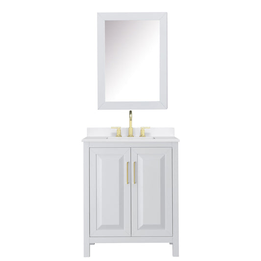 Wyndham Collection Daria 30" Single Bathroom Vanity in White, White Quartz Countertop, Undermount Square Sink (3-Hole), Brushed Gold Trim, Medicine Cabinet