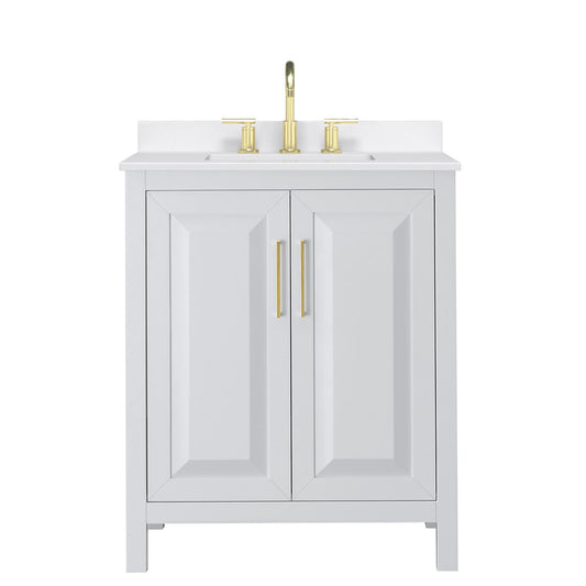 Wyndham Collection Daria 30" Single Bathroom Vanity in White, White Quartz Countertop, Undermount Square Sink (3-Hole), Brushed Gold Trim