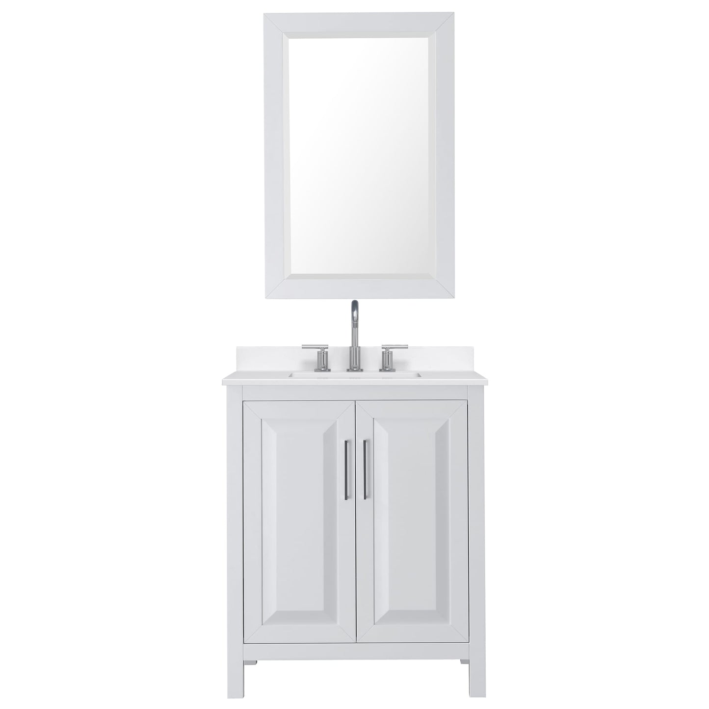 Wyndham Collection Daria 30" Single Bathroom Vanity in White, White Quartz Countertop, Undermount Square Sink (3-Hole), Polished Chrome Trim, 24" Mirror
