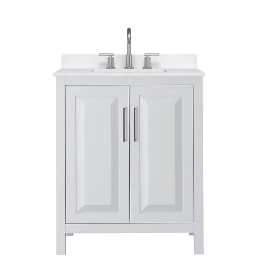 Wyndham Collection Daria 30" Single Bathroom Vanity in White, White Quartz Countertop, Undermount Square Sink (3-Hole), Polished Chrome Trim