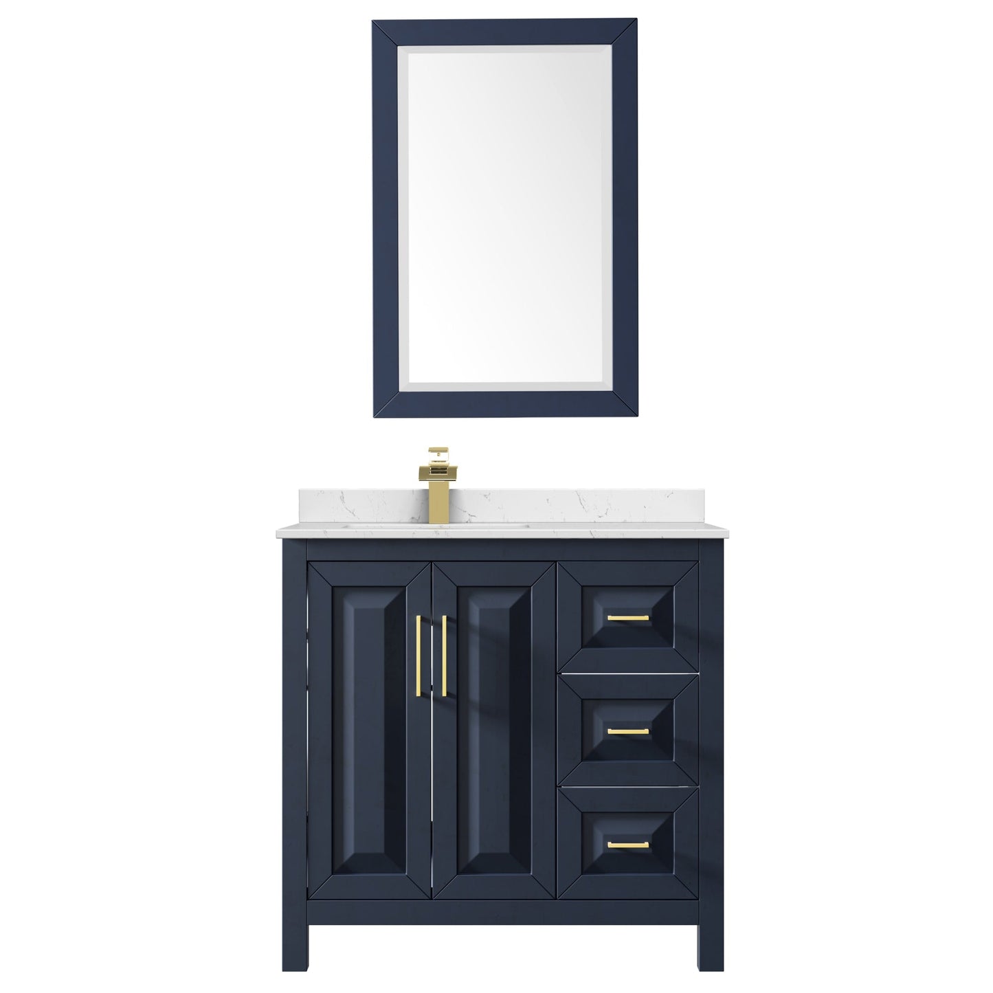 Wyndham Collection Daria 36" Single Bathroom Vanity in Dark Blue, Carrara Cultured Marble Countertop, Undermount Square Sink (1-Hole), Brushed Gold Trim, 24" Mirror