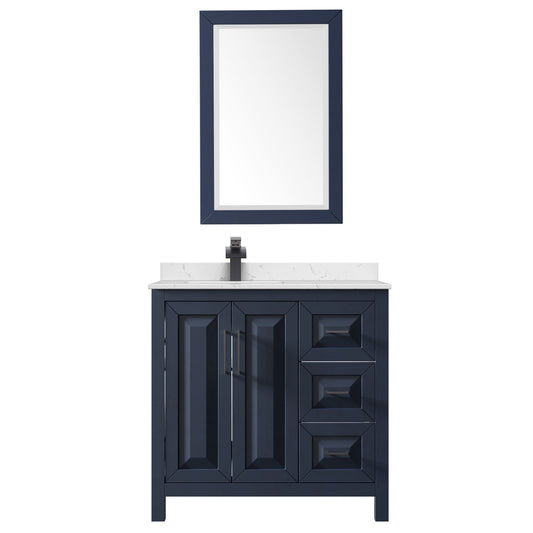 Wyndham Collection Daria 36" Single Bathroom Vanity in Dark Blue, Carrara Cultured Marble Countertop, Undermount Square Sink (1-Hole), Matte Black Trim, 24" Mirror
