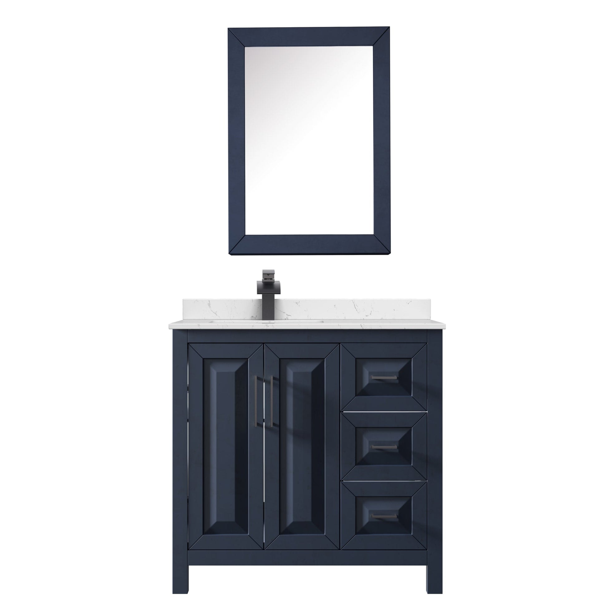 Wyndham Collection Daria 36" Single Bathroom Vanity in Dark Blue, Carrara Cultured Marble Countertop, Undermount Square Sink (1-Hole), Matte Black Trim, Medicine Cabinet