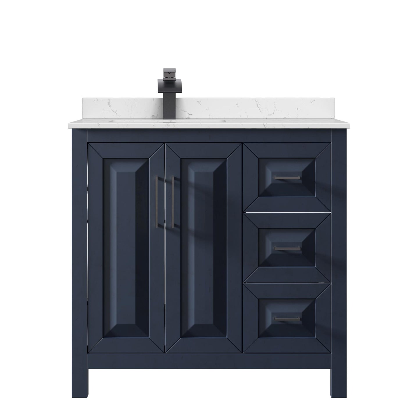 Wyndham Collection Daria 36" Single Bathroom Vanity in Dark Blue, Carrara Cultured Marble Countertop, Undermount Square Sink (1-Hole), Matte Black Trim