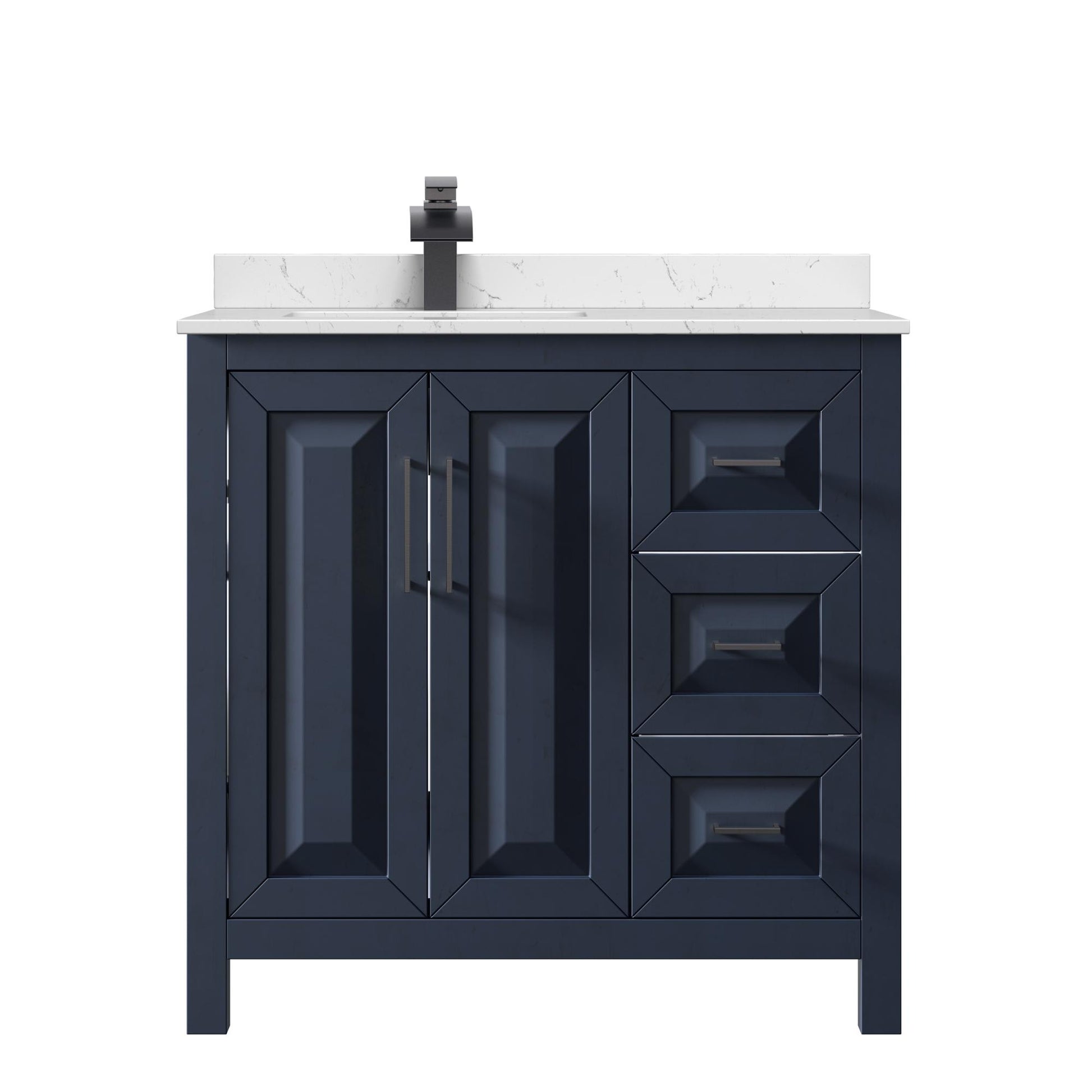 Wyndham Collection Daria 36" Single Bathroom Vanity in Dark Blue, Carrara Cultured Marble Countertop, Undermount Square Sink (1-Hole), Matte Black Trim