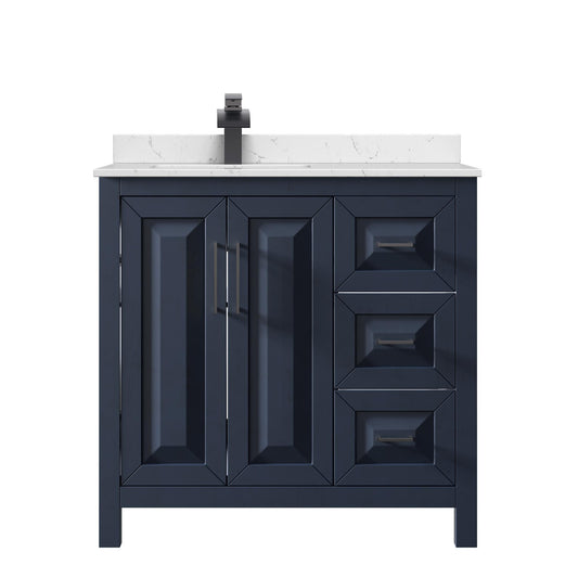 Wyndham Collection Daria 36" Single Bathroom Vanity in Dark Blue, Carrara Cultured Marble Countertop, Undermount Square Sink (1-Hole), Matte Black Trim