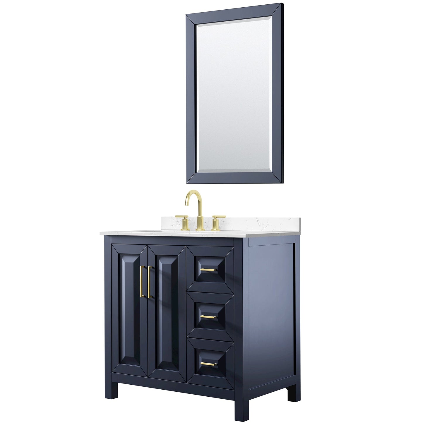 Wyndham Collection Daria 36" Single Bathroom Vanity in Dark Blue, Carrara Cultured Marble Countertop, Undermount Square Sink (3-Hole), Brushed Gold Trim, 24" Mirror