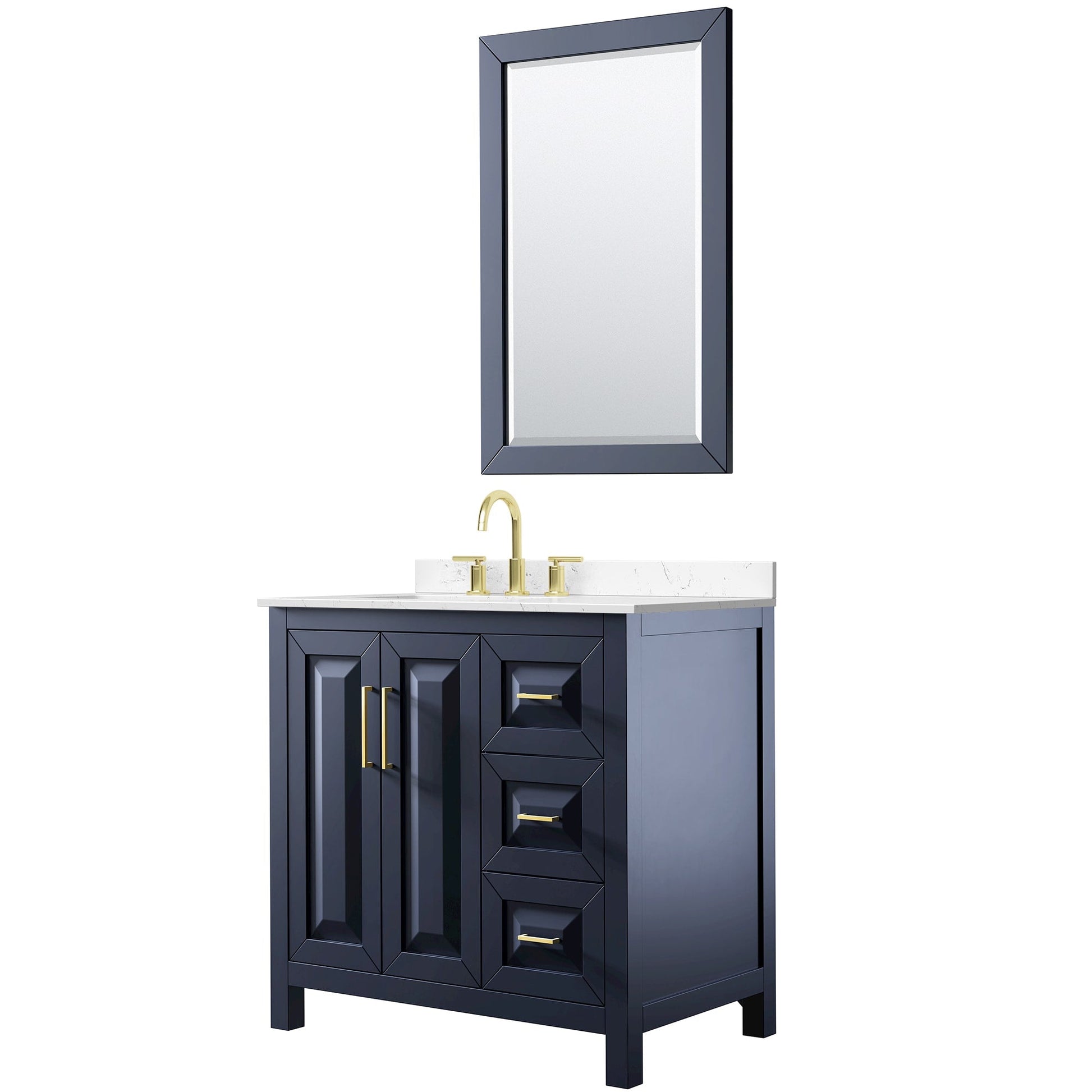 Wyndham Collection Daria 36" Single Bathroom Vanity in Dark Blue, Carrara Cultured Marble Countertop, Undermount Square Sink (3-Hole), Brushed Gold Trim, 24" Mirror