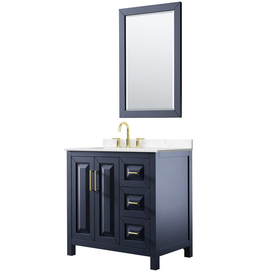 Wyndham Collection Daria 36" Single Bathroom Vanity in Dark Blue, Carrara Cultured Marble Countertop, Undermount Square Sink (3-Hole), Brushed Gold Trim, 24" Mirror